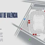 Mapa del **Estadi Ciutat de València** con accesos: tienda, taquillas, VIP, prensa y grada visitante. Incluye información de horarios.