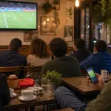 Aficionados viendo fútbol en un café y consultando contenido desde el móvil