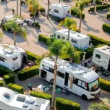 Un camping soleado en Xeraco con varias autocaravanas aparcadas entre palmeras y setos.