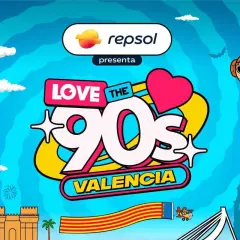 Cartel vibrante de "Love the 90s Valencia" con el logo de Repsol. Incluye siluetas de edificios valencianos, un globo aerostático y una bandera.