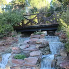 Puente de madera sobre cascadas en el parque de Benicalap, rodeado de vegetación exuberante y rocas rojizas.