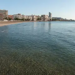 El mar Mediterráneo baña la arena dorada de la playa Levante en Santa Pola, con edificios modernos y palmeras al fondo.