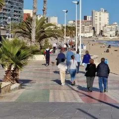 Gente paseando por el **paseo marítimo de Calpe**, con palmeras, edificios altos y la playa al fondo.