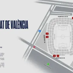 Mapa del **Estadi Ciutat de València** con accesos: tienda, taquillas, VIP, prensa y grada visitante. Incluye información de horarios.