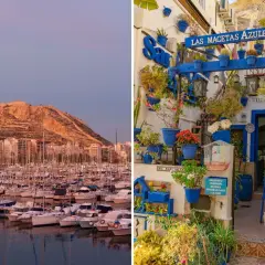 Puerto deportivo y castillo de Santa Bárbara al atardecer, junto a un patio lleno de macetas azules, descubriendo los secretos alicante.