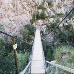 Puentes colgantes de Chulilla, un camino de madera suspendido sobre un barranco rocoso, rodeado de vegetación.