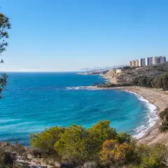 Vista panorámica de la playa del Torres, con aguas turquesas, arena, árboles y edificios en la colina.