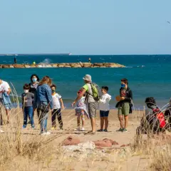 Familias disfrutan de un día soleado en la playa del Puig, con niños jugando y adultos conversando cerca del mar.