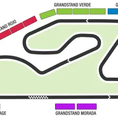 Mapa del circuito Ricardo Tormo con gradas de colores: Blanca, Roja, Verde, Azul, Amarilla, Naranja, Morada y Panorama Village.