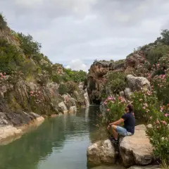 Hombre sentado junto a un río en un cañón con flores rosas. Un lugar perfecto para excursiones cerca de Valencia.