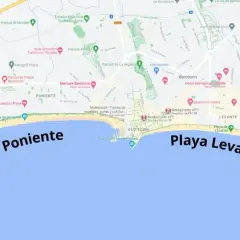Mapa de Benidorm mostrando la Playa de Poniente y la Playa de Levante, la mejor playa de Benidorm.