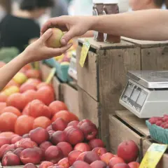 Manos intercambian una manzana en un mercadillo de oliva. Tomates, frambuesas y melocotones esperan ser pesados.