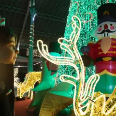 Niño mira con asombro el encendido de luces de Navidad en Valencia, con un cascanueces gigante y renos luminosos.