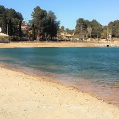 Arena dorada y aguas turquesas en la playa de Monte Navarrés, rodeada de pinos y casas.