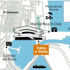 Mapa de Valencia: El Cabanyal, Playa de las Arenas, Marina Beach Club y el edificio Veles e Vents junto al Mar Mediterráneo.