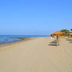 Arena dorada y mar azul en la playa de Alicante, con sombrillas de paja y tumbonas listas para disfrutar del sol.