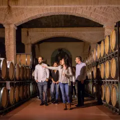 Un grupo de personas disfruta de catas en Alicante, aprendiendo sobre el proceso de elaboración del vino en una bodega con barricas de roble.