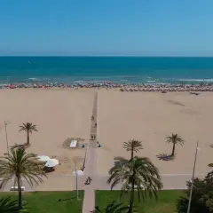 Amplia playa nord repleta de sombrillas y gente disfrutando del mar azul bajo un cielo despejado. Palmeras salpican la arena dorada.