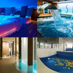 Un balneario en Alicante con piscinas iluminadas, cascadas y zonas de relajación.