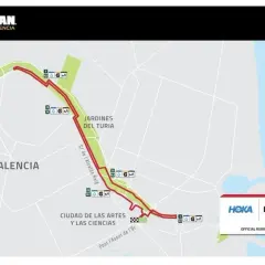 Mapa del recorrido de carrera del Ironman 70.3 Valencia, con puntos de avituallamiento y energía.