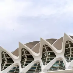 El Museo de las Ciencias de Valencia, con su arquitectura futurista y sus ventanas en forma de ojo, se alza bajo un cielo nublado.