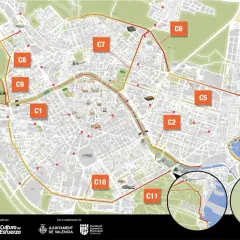 Mapa de rutas ciclistas y peatonales en el Jardín del Turia, Valencia. Señala diferentes sectores (C1-C12) y puntos de interés.