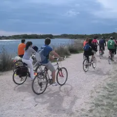 Grupo de ciclistas pedaleando por un camino de tierra junto a la albufera de Valencia. El cielo está nublado y el agua refleja la luz.