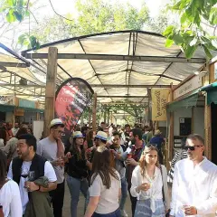 Gente disfrutando en la feria del vino Valencia, con puestos de degustación y ambiente festivo bajo toldos.