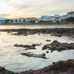 Costa con casas blancas y palmeras, rocas volcánicas en primer plano y el mar reflejando la luz del atardecer. Se divisa una torre la sal a lo lejos.