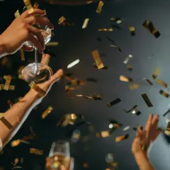 Manos brindando con copas y confeti dorado cayendo. ¡Una celebración perfecta para saber qué hacer en Nochevieja en Valencia!