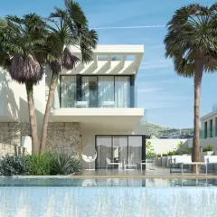 Modern villas con piscina y palmeras, parte del Font del Llop Golf Resort.