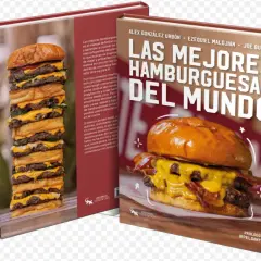 Libro "Las Mejores Hamburguesas del Mundo" con una torre de hamburguesas y una hamburguesa individual. ¡Un festín para los amantes de la hundred burger!