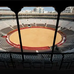Vista interior de la plaza de toros de Valencia, con su ruedo de arena y gradas vacías.