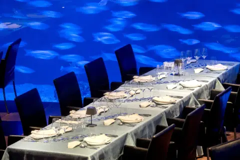 Mesa puesta para cena en el Oceanogràfic, con sillas negras y un acuario de peces de fondo. ¿Dónde comer en el Oceanogràfic? Opiniones.