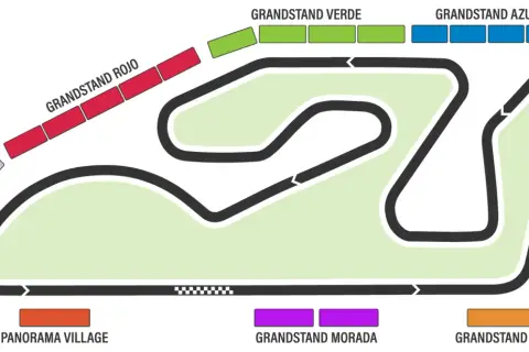 Mapa del circuito Ricardo Tormo con gradas de colores: Blanca, Roja, Verde, Azul, Amarilla, Naranja, Morada y Panorama Village.