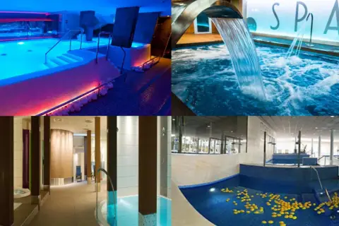Un balneario en Alicante con piscinas iluminadas, cascadas y zonas de relajación.