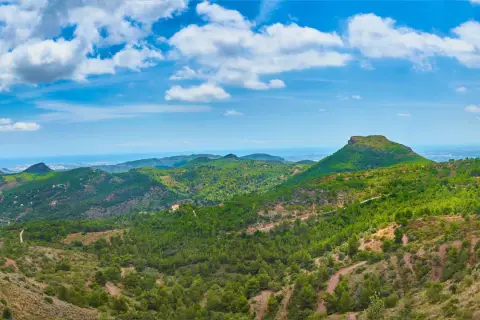 Paisaje montañoso verde con el mar al fondo. Ideal para camping en la Sierra Calderona.
