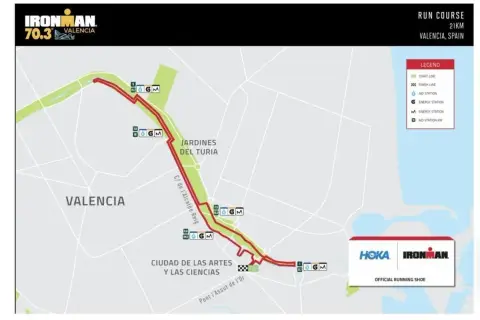Mapa del recorrido de carrera del Ironman 70.3 Valencia, con puntos de avituallamiento y energía.