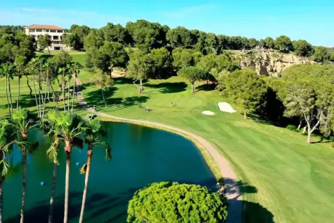 Un hermoso campo de golf con un lago azul, palmeras y un edificio al fondo. El sol ilumina el verde impecable de las ramblas golf.