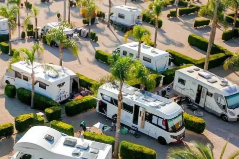Un camping soleado en Xeraco con varias autocaravanas aparcadas entre palmeras y setos.