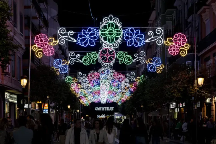 Espectacular decoración de luces fallas ilumina la calle, creando un ambiente festivo con flores de neón y un arco central.