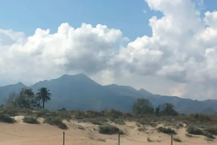 Dunas y vegetación en la playa de l'Ahuir, con montañas azules y nubes blancas al fondo.