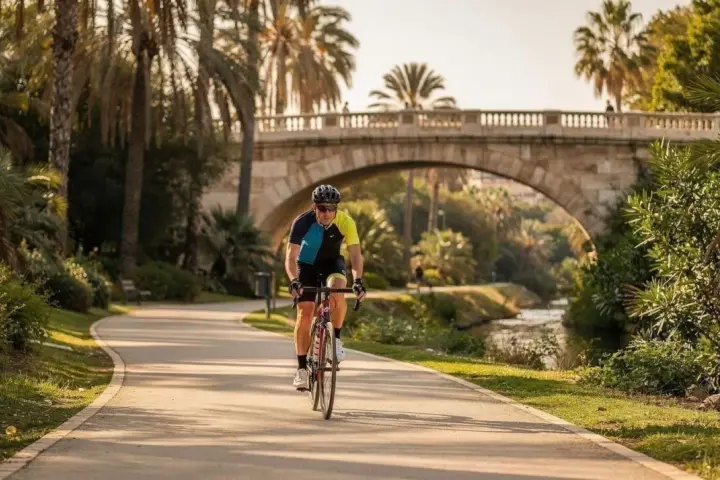 Ciclista disfruta de un paseo en bicicleta por Valencia, bajo un puente y rodeado de palmeras.