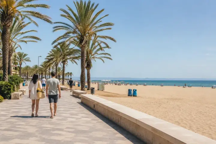 Pareja pasea por el paseo marítimo bordeado de palmeras, disfrutando de las **playas de Valencia** y el mar azul.