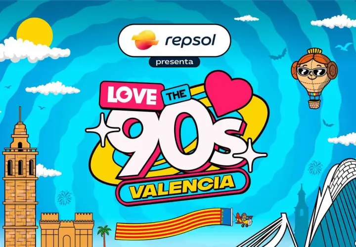 Cartel vibrante de "Love the 90s Valencia" con el logo de Repsol. Incluye siluetas de edificios valencianos, un globo aerostático y una bandera.