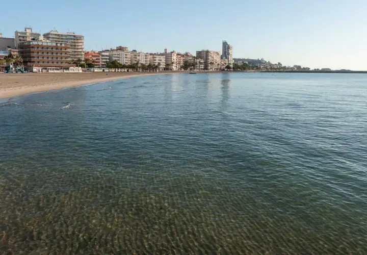 El mar Mediterráneo baña la arena dorada de la playa Levante en Santa Pola, con edificios modernos y palmeras al fondo.