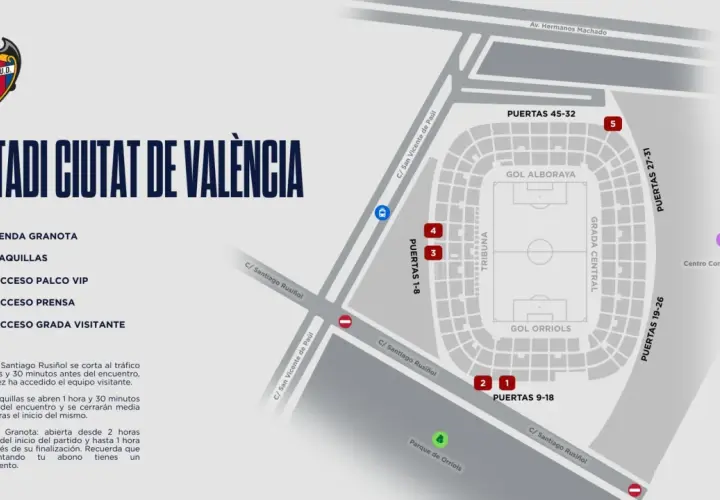 Mapa del **Estadi Ciutat de València** con accesos: tienda, taquillas, VIP, prensa y grada visitante. Incluye información de horarios.