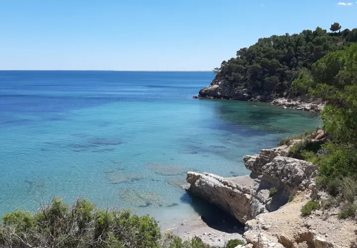Aguas cristalinas y rocas en la playa del Perelló, con vegetación verde y un cielo azul despejado.