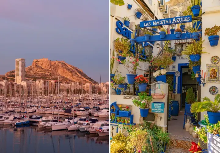 Puerto deportivo y castillo de Santa Bárbara al atardecer, junto a un patio lleno de macetas azules, descubriendo los secretos alicante.