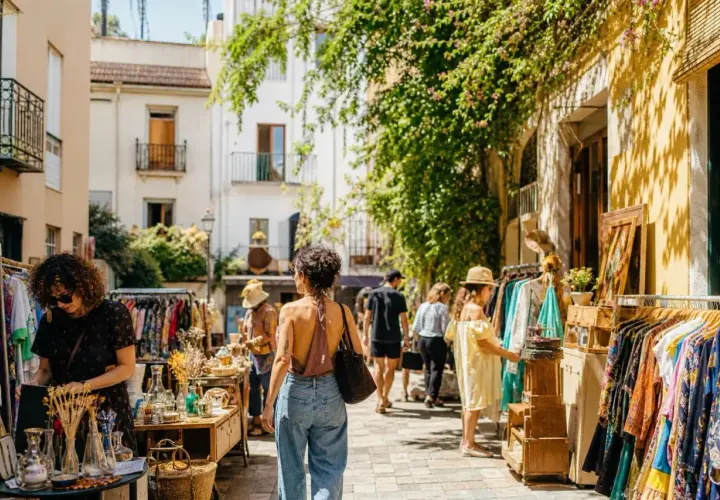 Gente comprando ropa y objetos decorativos en un animado rastro de Valencia, bajo la sombra de árboles frondosos.